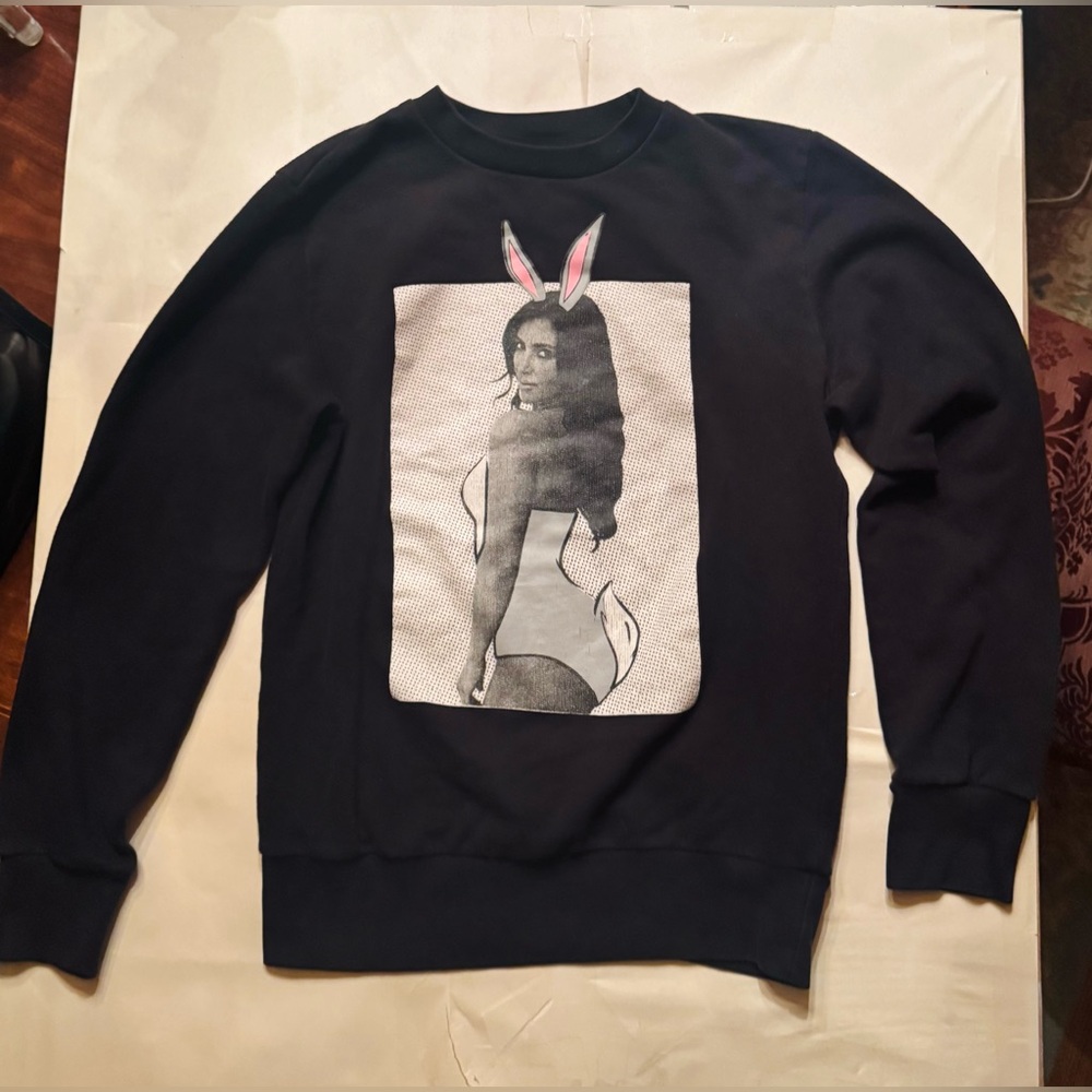 Black Graphic Sweatshirt-Kim Kardashian Bunny Ears Pop Art Style Unisex Pullover
